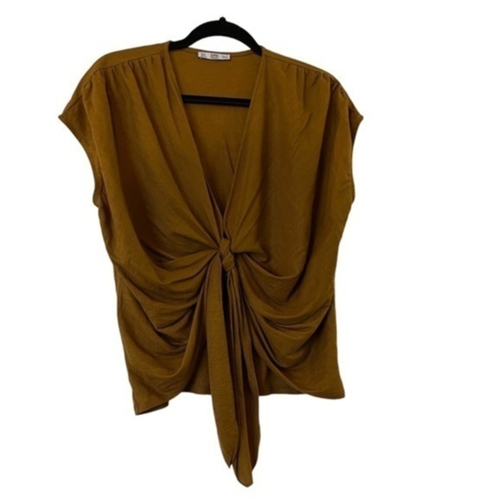 Zara Collection Twisted Tied Knot Draped V-Neck S/S Top, Ochre Earthy Brown